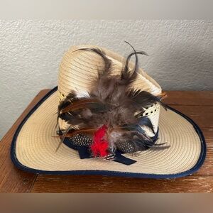 Vtg Elegante Straw/Feather Cowboy Hat 56 (7 US) Western Feather Mexico Rodeo